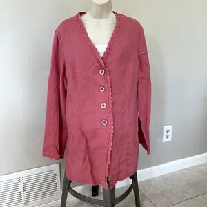 J. Jill Linen Button V Neck Jacket Scalloped Trim Warm Pink Womens M J.Jill